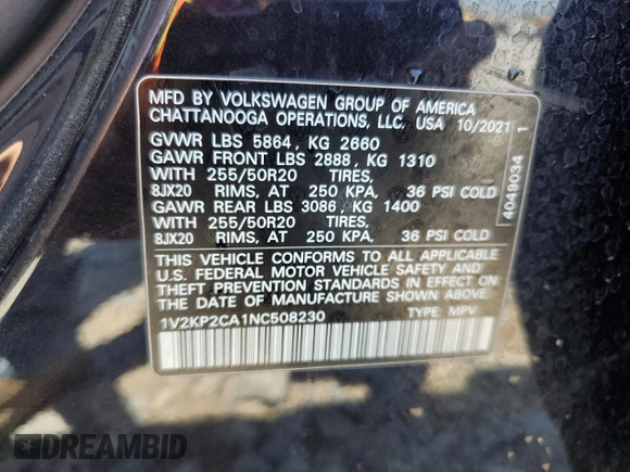2022 Volkswagen Atlas SE с VIN 1V2KP2CA1NC508230, выставлен на аукционе Copart как лот 53152515 с пробегом 60 345 миль миль и Списание • Salvage title. История ставок и продаж доступна на DreamBid. Изображение 13.