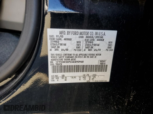 2003 Ford Super Duty F-250 XL with VIN 1FTNW20P23EB90968, listed as a Copart auction lot 41882395 with 215,373 mi miles and Salvage Title. Bid and sale history available at carsss.com. Image 14.