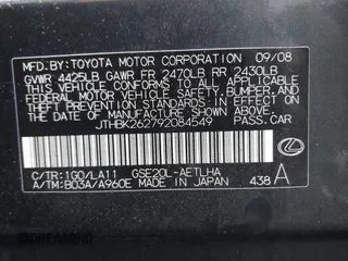 2009 Lexus IS 250 with VIN JTHBK262792084549, listed as a IAAI auction lot 41835760 with 151,234 mi miles and . Bid and sale history available at DreamBid. Image 9.
