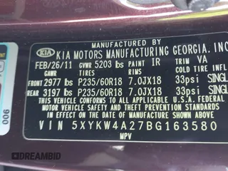 2011 Kia Sorento SX with VIN 5XYKW4A27BG163580, listed as a IAAI auction lot 41987362 with 172,097 mi miles. Bid and sale history available at carsss.com. Image 9.