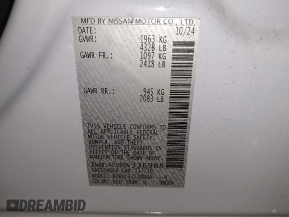 2025 Nissan Altima SR with VIN 1N4BL4CV8SN336988, listed as a IAAI auction lot 41807447 with 5,263 mi miles and . Bid and sale history available at DreamBid. Image 9.