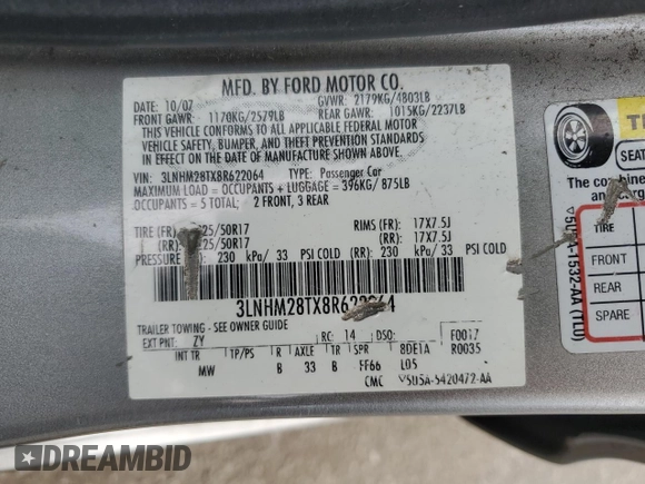 2008 Lincoln MKZ z VIN 3LNHM28TX8R622064, wystawiony jako Copart lot #59549055 z przebiegiem 83 092 mil mil oraz Szkoda całkowita • Salvage title. Historia ofert i sprzedaży dostępna na DreamBid. Obrazek 13.
