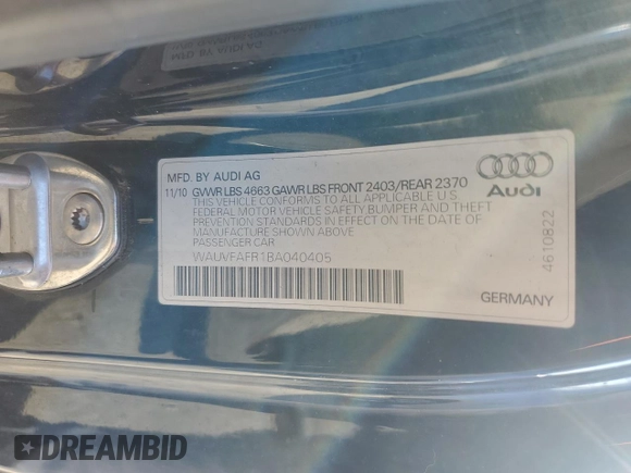 2011 Audi A5 Prestige with VIN WAUVFAFR1BA040405, listed as a Copart auction lot 48281335 with 252,038 mi miles and Clean title. Bid and sale history available at DreamBid. Image 12.