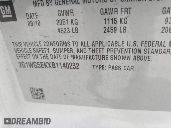 2011 Chevrolet Impala LT Fleet with VIN 2G1WG5EKXB1140232, listed as a IAAI auction lot 42480619 with 105,669 mi miles and . Bid and sale history available at DreamBid. Image 9.