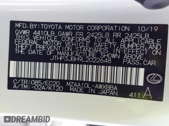 2020 Lexus UX 200 с VIN JTHP3JBH9L2022648, выставлен на аукционе IAAI как лот 42223772 с пробегом 35 128 миль миль и . История ставок и продаж доступна на DreamBid. Изображение 9.