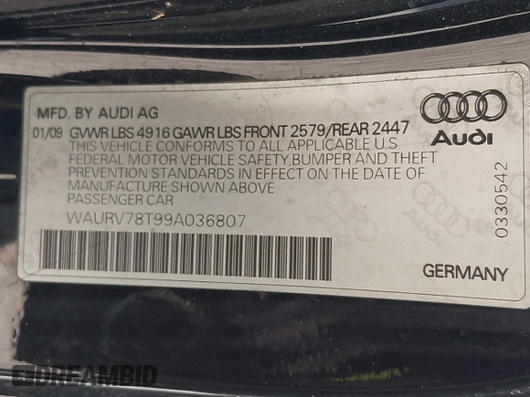 2009 Audi S5 z VIN WAURV78T99A036807, wystawiony jako IAAI lot #42352152 z przebiegiem 122 196 mil mil oraz . Historia ofert i sprzedaży dostępna na DreamBid. Obrazek 9.