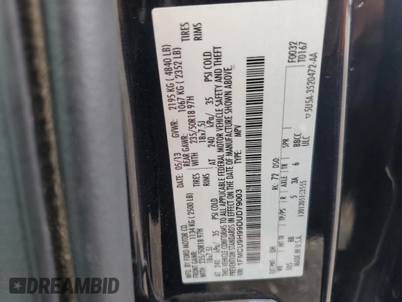 2013 Ford Escape SEL with VIN 1FMCU9H99DUD79003, listed as a Copart auction lot 51126005 with 104,151 mi miles and Clean Title. Bid and sale history available at DreamBid. Image 15.