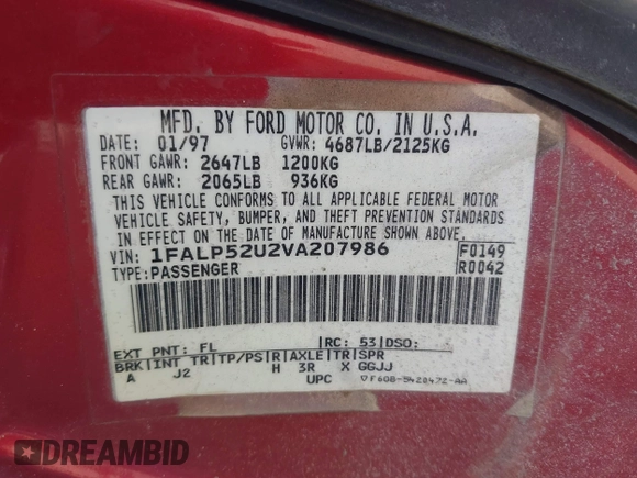 1997 Ford Taurus GL z VIN 1FALP52U2VA207986, wystawiony jako IAAI lot #41606014 z przebiegiem 225 124 mil mil oraz . Historia ofert i sprzedaży dostępna na DreamBid. Obrazek 9.
