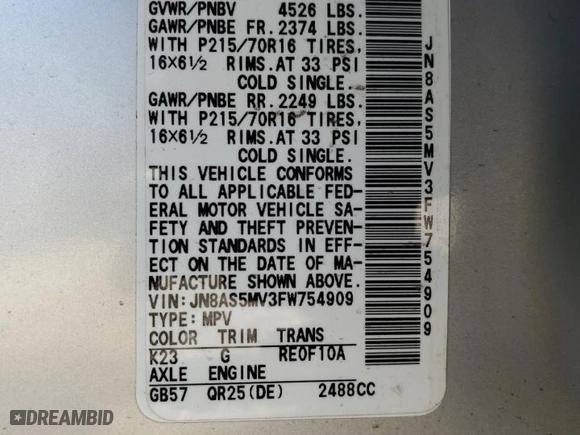 2015 Nissan Rogue Select S with VIN JN8AS5MV3FW754909, listed as a Copart auction lot 48990945 with 114,196 mi miles and Salvage Title. Bid and sale history available at carsss.com. Image 13.