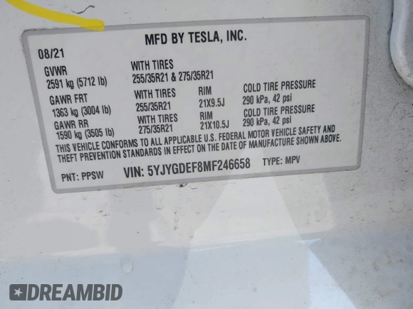 2021 Tesla Model Y Performance with VIN 5YJYGDEF8MF246658, listed as a IAAI auction lot 41679793 with 28,015 mi miles and . Bid and sale history available at DreamBid. Image 9.
