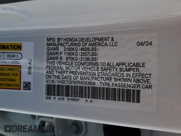2024 Honda Accord Touring с VIN 1HGCY2F8XRA063808, выставлен на аукционе Copart как лот 52920665 с пробегом 7 813 миль миль и Списание • Salvage title. История ставок и продаж доступна на DreamBid. Изображение 12.