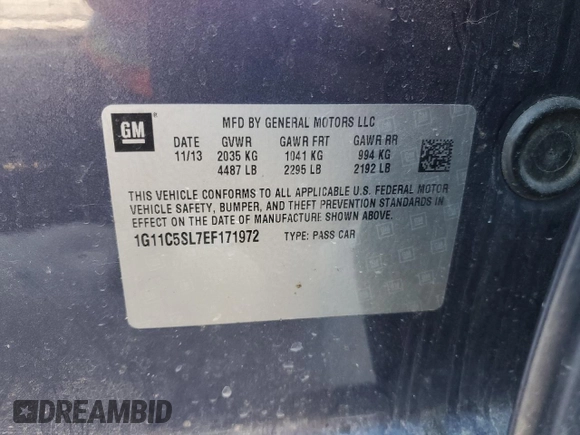 2014 Chevrolet Malibu LT with VIN 1G11C5SL7EF171972, listed as a Copart auction lot 79700104 with 95,957 mi miles and Salvage Title. Bid and sale history available at DreamBid. Image 15.