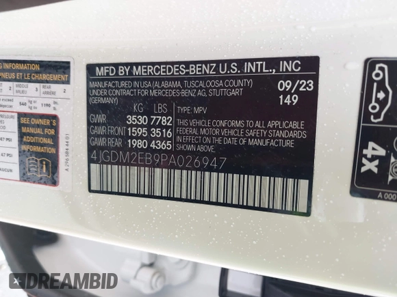 2023 Mercedes-Benz EQS with VIN 4JGDM2EB9PA026947, listed as a IAAI auction lot 41560054 with 19,895 mi miles. Bid and sale history available at carsss.com. Image 9.