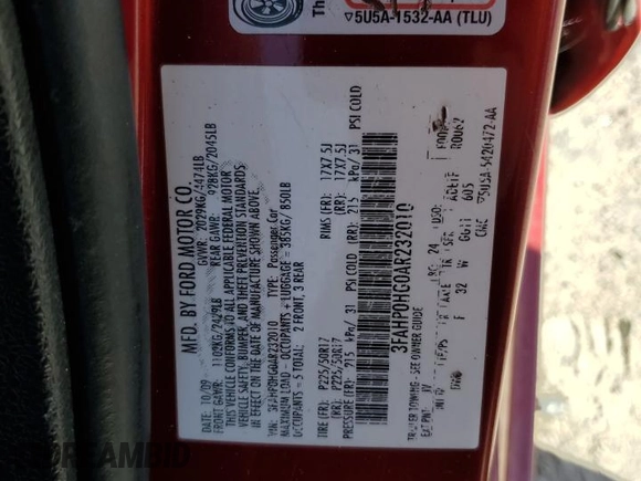 2010 Ford Fusion SE with VIN 3FAHP0HG0AR232010, listed as a Copart auction lot 52396905 with 162,811 mi miles and Salvage Title. Bid and sale history available at DreamBid. Image 15.