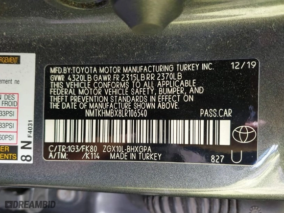 2020 Toyota C-HR LE with VIN NMTKHMBX8LR106540, listed as a IAAI auction lot 41430035 with 81,816 mi miles. Bid and sale history available at carsss.com. Image 9.