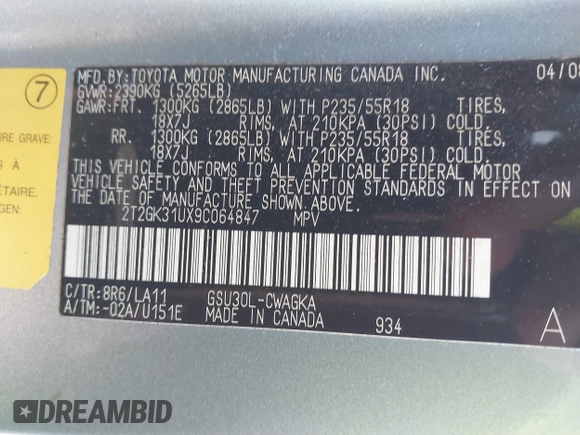 2009 Lexus RX 350 with VIN 2T2GK31UX9C064847, listed as a IAAI auction lot 41166292 with 129,006 mi miles and . Bid and sale history available at DreamBid. Image 9.