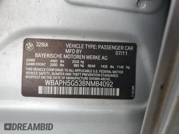 2011 BMW 3 Series 328i with VIN WBAPH5G53BNM84092, listed as a Copart auction lot 53582455 with 153,783 mi miles and Salvage Title. Bid and sale history available at carsss.com. Image 12.