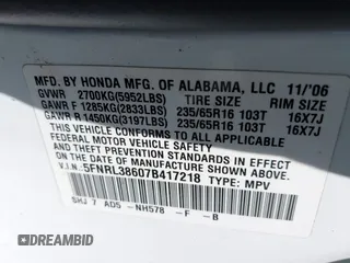 2007 Honda Odyssey EX-L с VIN 5FNRL38607B417218, выставлен на аукционе IAAI как лот 41856212 с пробегом 163 720 миль миль и . История ставок и продаж доступна на DreamBid. Изображение 9.