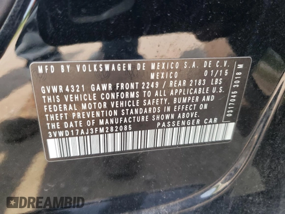 2015 Volkswagen Jetta SE с VIN 3VWD17AJ3FM282085, выставлен на аукционе Copart как лот 59718875 с пробегом 87 681 миль миль и Списание • Salvage title. История ставок и продаж доступна на DreamBid. Изображение 13.