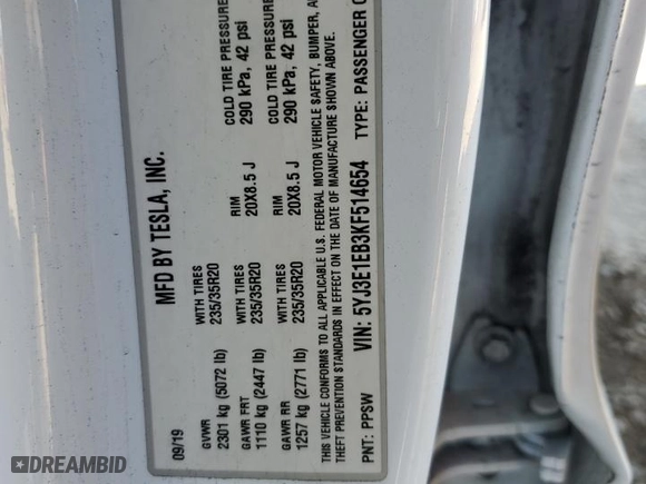 2019 Tesla Model 3 Long Range with VIN 5YJ3E1EB3KF514654, listed as a Copart auction lot 49484635 with 160,447 mi miles and Salvage Title. Bid and sale history available at carsss.com. Image 16.