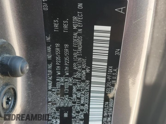 2016 Toyota Sienna Limited с VIN 5TDDK3DC0GS136248, выставлен на аукционе Copart как лот 63476815 с пробегом 131 970 миль миль и Списание • Salvage title. История ставок и продаж доступна на DreamBid. Изображение 13.