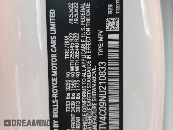 2022 Rolls-Royce Cullinan z VIN SLATV4C09NU210833, wystawiony jako Copart lot #86283314 z przebiegiem 6 301 mil mil oraz Nie do naprawy • Non repairable. Historia ofert i sprzedaży dostępna na DreamBid. Obrazek 13.