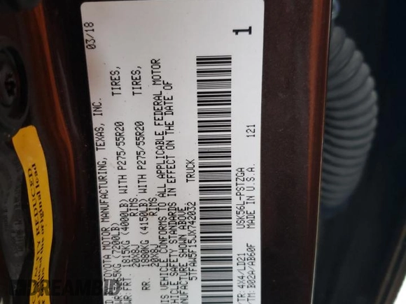 2018 Toyota Tundra SR5 with VIN 5TFAW5F15JX742032, listed as a Copart auction lot 83855754 with 82,476 mi miles and Salvage title. Bid and sale history available at DreamBid. Image 14.