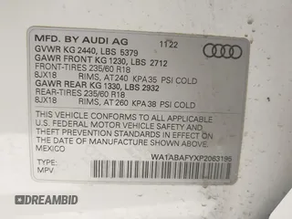 2023 Audi Q5 Premium with VIN WA1ABAFYXP2063195, listed as a IAAI auction lot 41618346 with 9,929 mi miles. Bid and sale history available at carsss.com. Image 9.