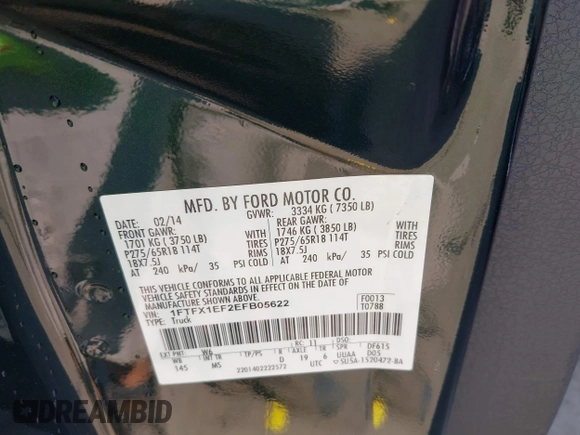 2014 Ford F-150 XL with VIN 1FTFX1EF2EFB05622, listed as a IAAI auction lot 42558747 with 146,661 mi miles and . Bid and sale history available at DreamBid. Image 9.