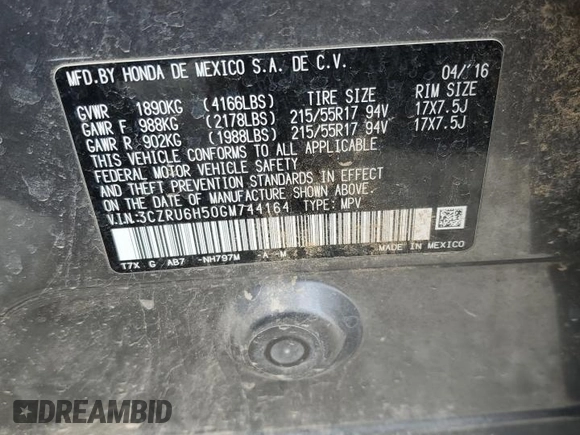 2016 Honda HR-V EX with VIN 3CZRU6H50GM744164, listed as a Copart auction lot 50083425 with 131,832 mi miles and Salvage Title. Bid and sale history available at carsss.com. Image 14.