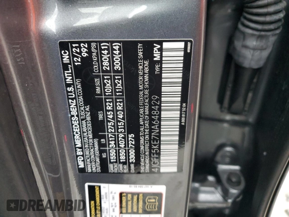 2022 Mercedes-Benz GLS 450 with VIN 4JGFF5KE7NA648429, listed as a Copart auction lot 70224934 with 45,323 mi miles and Salvage Title. Bid and sale history available at DreamBid. Image 15.