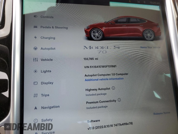2016 Tesla Model S 70 with VIN 5YJSA1E18GF131881, listed as a Copart auction lot 54513134 with 133,785 mi miles and Salvage title. Bid and sale history available at DreamBid. Image 9.
