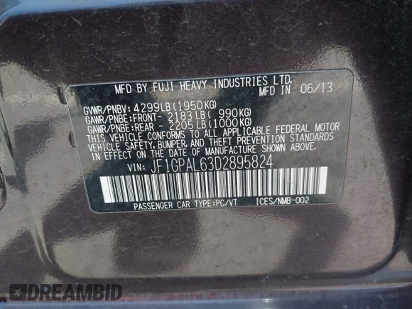 2013 Subaru Impreza Special Sports Premium with VIN JF1GPAL63D2895824, listed as a IAAI auction lot 42498670 with 189,944 mi miles and . Bid and sale history available at DreamBid. Image 9.