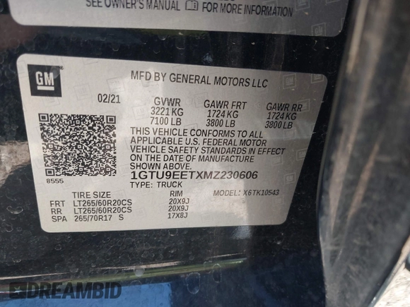 2021 GMC Sierra 1500 AT4 with VIN 1GTU9EETXMZ230606, listed as a IAAI auction lot 41599778 with 128,745 mi miles. Bid and sale history available at carsss.com. Image 9.
