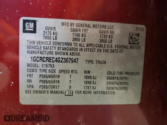 2016 Chevrolet Silverado 1500 LT with VIN 1GCRCREC4GZ367947, listed as a Copart auction lot 49211095 with 100,447 mi miles and Salvage Title. Bid and sale history available at DreamBid. Image 12.
