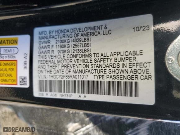 2024 Honda Accord Hybrid Touring with VIN 1HGCY2F85RA011017, listed as a Copart auction lot 46128255 with 36,576 mi miles and Salvage Title. Bid and sale history available at carsss.com. Image 14.