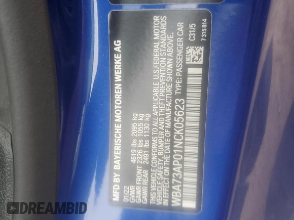 2022 BMW 4 Series 430i xDrive with VIN WBA73AP01NCK05623, listed as a Copart auction lot 87245684 with Not Provided miles and Salvage Title. Bid and sale history available at DreamBid. Image 12.