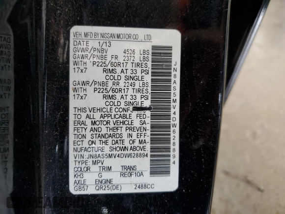 2013 Nissan Rogue SL z VIN JN8AS5MV4DW628894, wystawiony jako Copart lot #54246915 z przebiegiem 83 126 mil mil oraz Nie do naprawy • Non repairable. Historia ofert i sprzedaży dostępna na DreamBid. Obrazek 14.