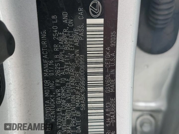 2016 Lexus ES 330 с VIN 58ABK1GG6GU006999, выставлен на аукционе Copart как лот 59988155 с пробегом 173 479 миль миль и Списание • Salvage title. История ставок и продаж доступна на DreamBid. Изображение 13.