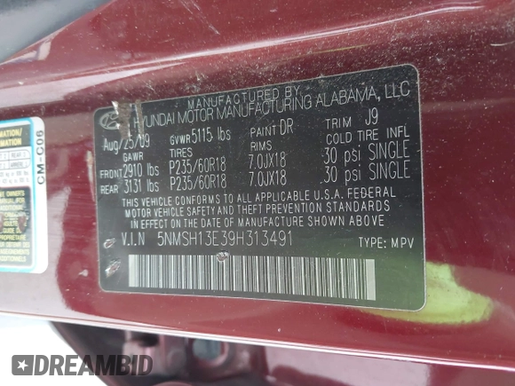 2009 Hyundai Santa Fe SE z VIN 5NMSH13E39H313491, wystawiony jako IAAI lot #42340674 z przebiegiem 149 024 mil mil oraz . Historia ofert i sprzedaży dostępna na DreamBid. Obrazek 9.