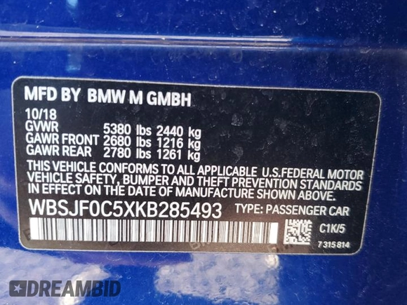 2019 BMW M5 with VIN WBSJF0C5XKB285493, listed as a Copart auction lot 87696545 with 47,381 mi miles and Salvage Title. Bid and sale history available at carsss.com. Image 12.