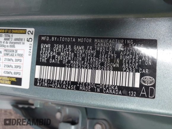 2007 Toyota Corolla CE с VIN 2T1BR32E97C762669, выставлен на аукционе IAAI как лот 42234602 с пробегом 55 607 миль миль и . История ставок и продаж доступна на DreamBid. Изображение 9.