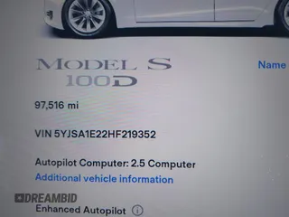 2017 Tesla Model S 100D with VIN 5YJSA1E22HF219352, listed as a IAAI auction lot 41831322 with 97,516 mi miles and . Bid and sale history available at DreamBid. Image 15.