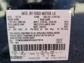 2019 Ford Explorer с VIN 1FM5K8B8XKGA37614, выставлен на аукционе Copart как лот 83800184 с пробегом 75 513 миль миль и На запчасти • Non repairable. История ставок и продаж доступна на DreamBid. Изображение 13.