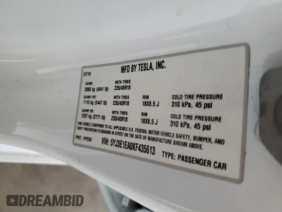 2019 Tesla Model 3 Mid Range with VIN 5YJ3E1EA0KF435613, listed as a Copart auction lot 86916314 with 25,663 mi miles and Salvage Title. Bid and sale history available at carsss.com. Image 12.