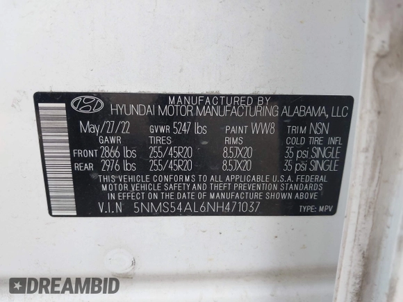 2022 Hyundai Santa Fe Calligraphy with VIN 5NMS54AL6NH471037, listed as a IAAI auction lot 42326726 with 40,278 mi miles and . Bid and sale history available at DreamBid. Image 9.