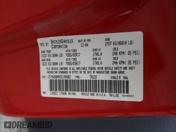 2005 Dodge Dakota Laramie with VIN 1D7HW58N55S194962, listed as a Copart auction lot 78866464 with Not Provided miles and Salvage Title. Bid and sale history available at DreamBid. Image 12.