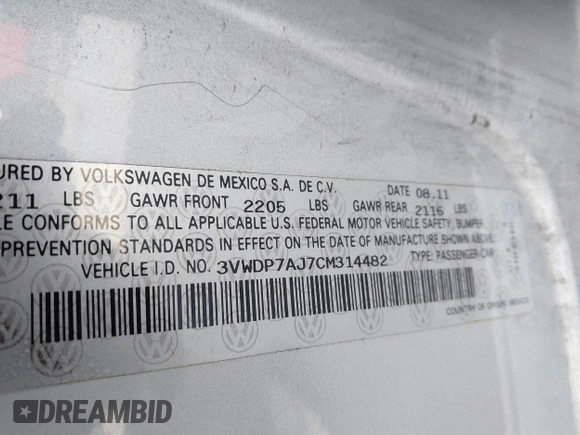 2012 Volkswagen Jetta Sedan SE w/Convenience PZEV with VIN 3VWDP7AJ7CM314482, listed as a IAAI auction lot 41283964 with 159,474 mi miles. Bid and sale history available at carsss.com. Image 9.