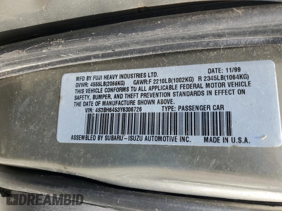 2000 Subaru Legacy with VIN 4S3BH6453Y6306726, listed as a Copart auction lot 52196994 with Not provided miles and Salvage title. Bid and sale history available at DreamBid. Image 13.