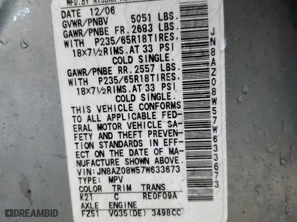 2007 Nissan Murano S with VIN JN8AZ08W57W633673, listed as a Copart auction lot 78941424 with 145,719 mi miles and Salvage Title. Bid and sale history available at carsss.com. Image 14.